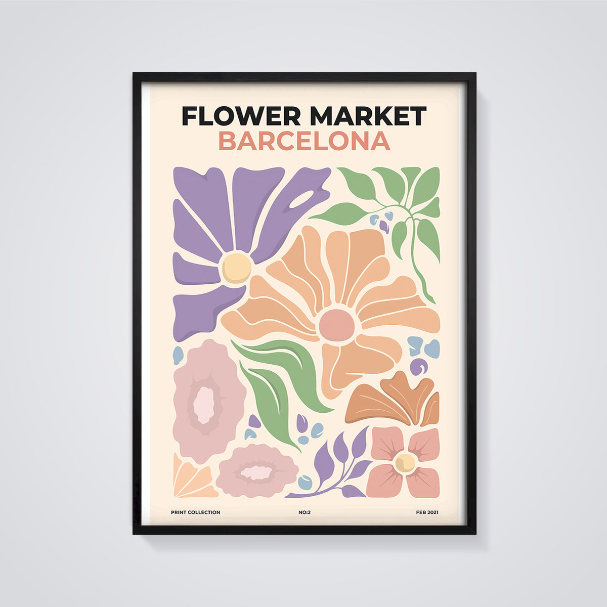 Flower Market Barcelona Abstract Print framed in black on a grey background