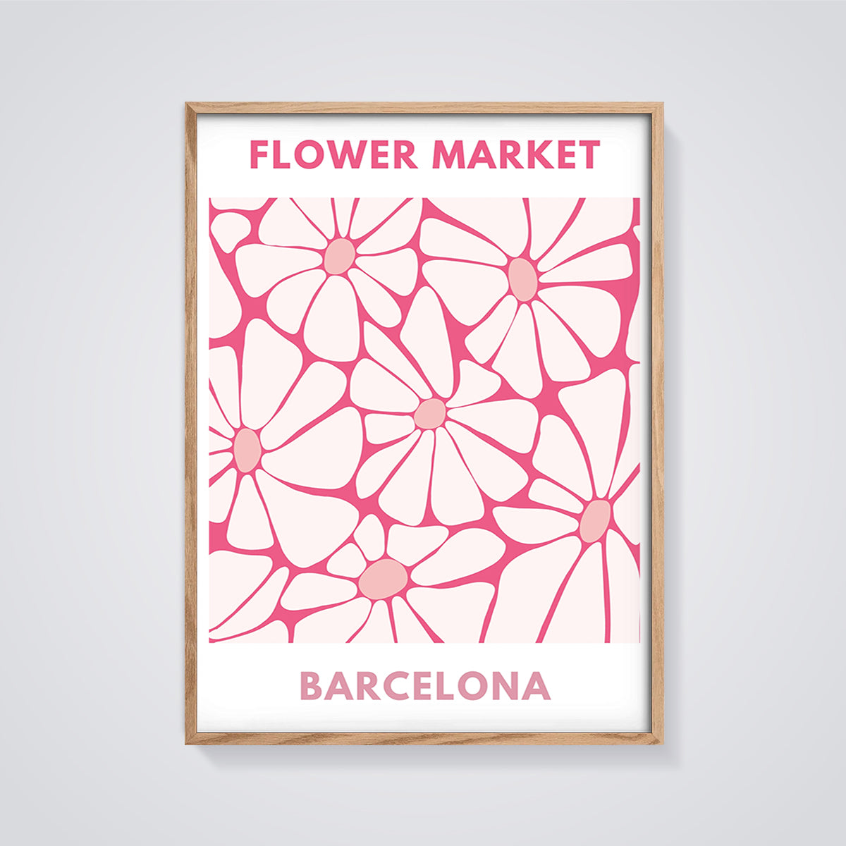Flower Market Barcelona Print framed in oak on a grey background