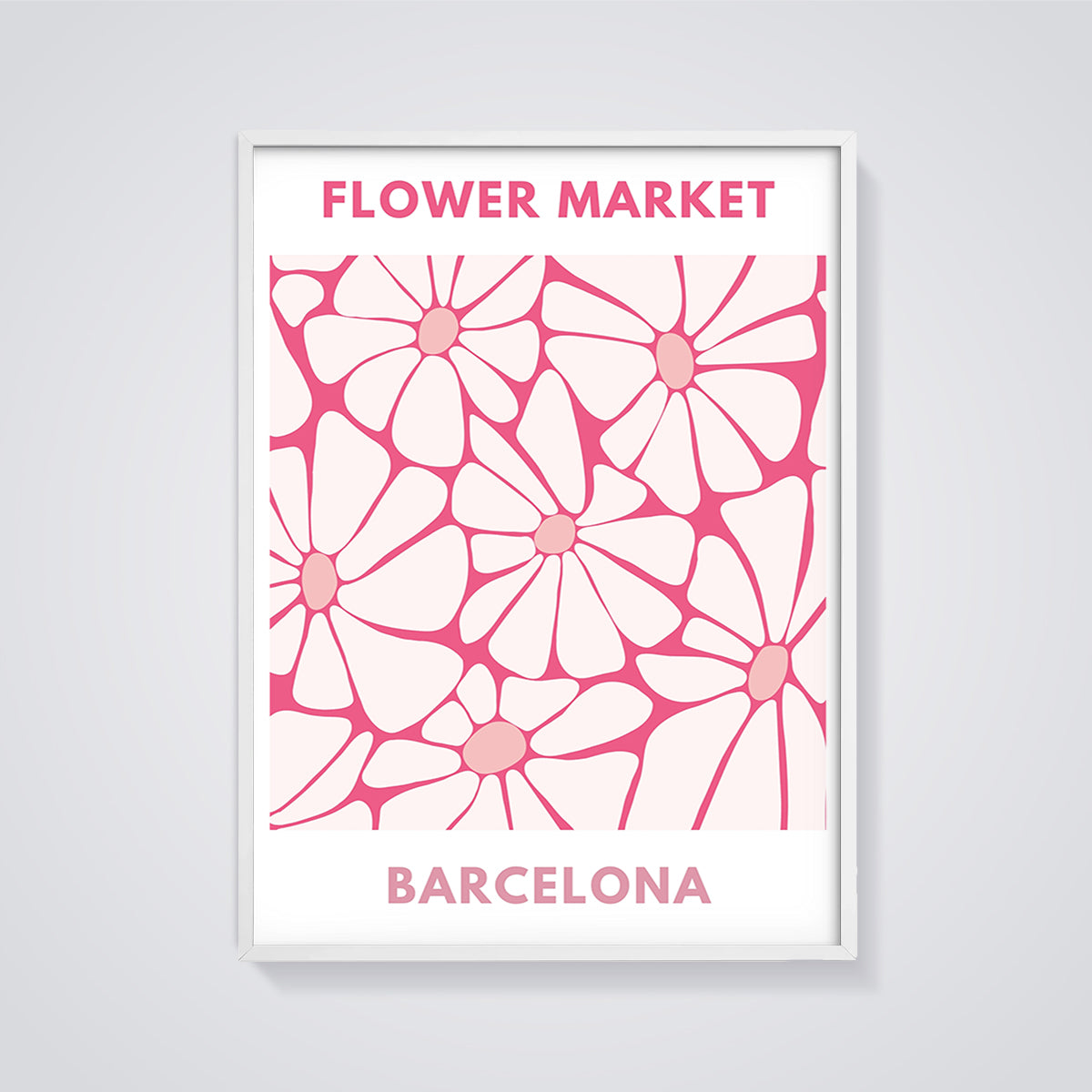 Flower Market Barcelona Print framed in white on a grey background