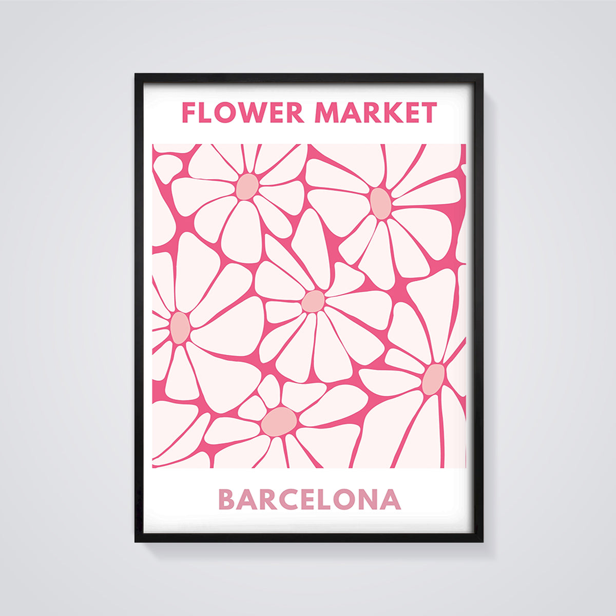 Flower Market Barcelona Print framed in black on a grey background