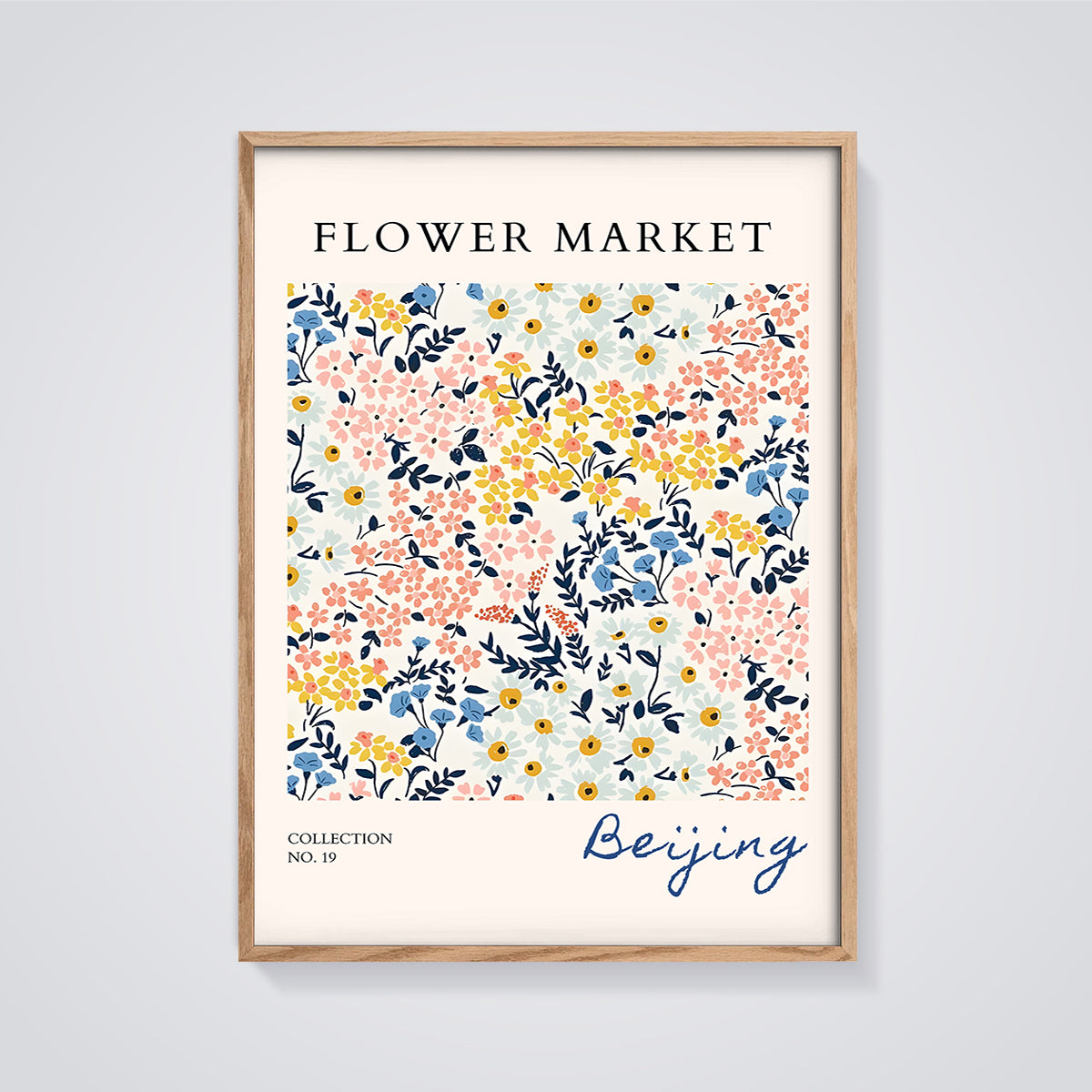 Flower Market Beijing Floral Print framed in oak on a grey background