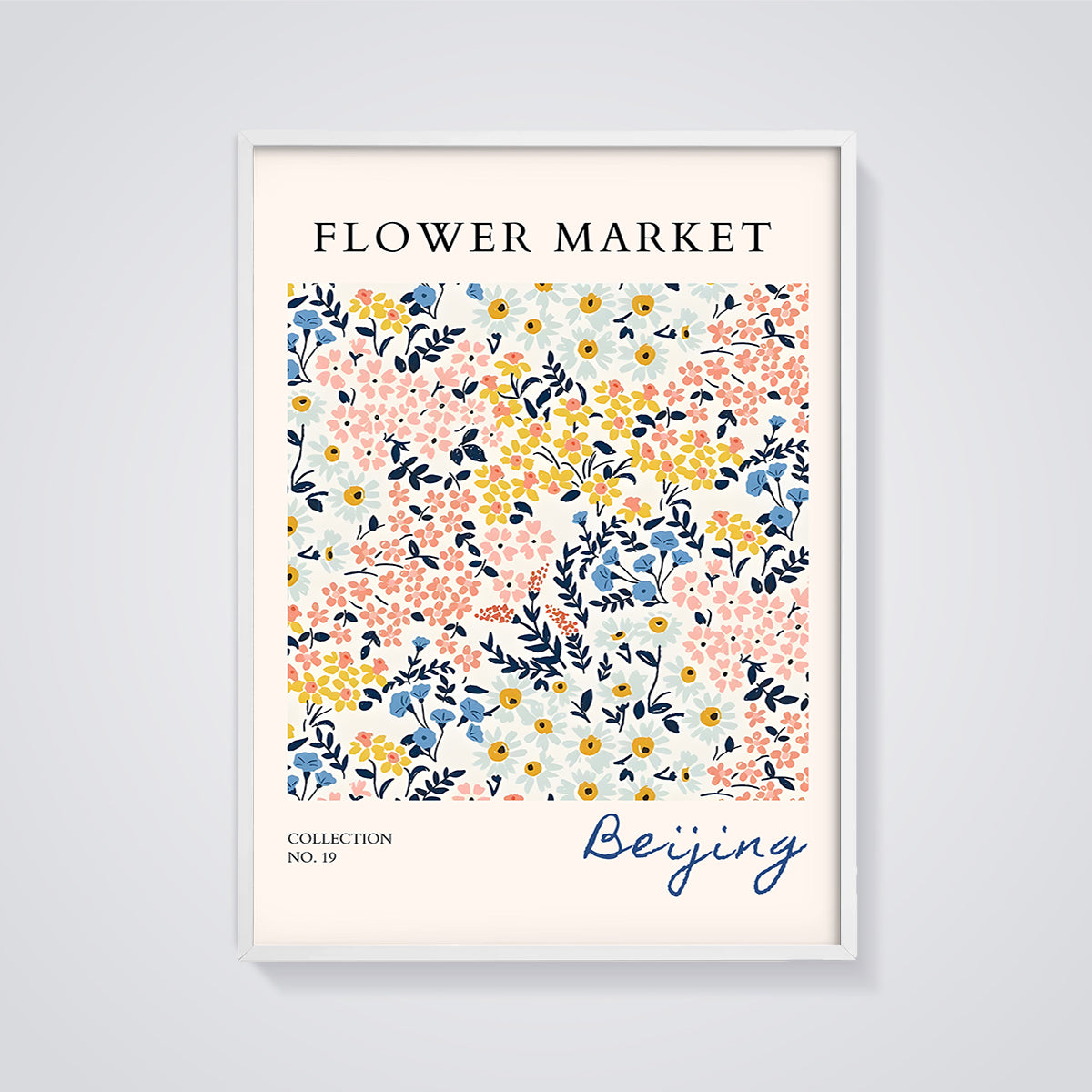Flower Market Beijing Floral Print framed in white on a grey background