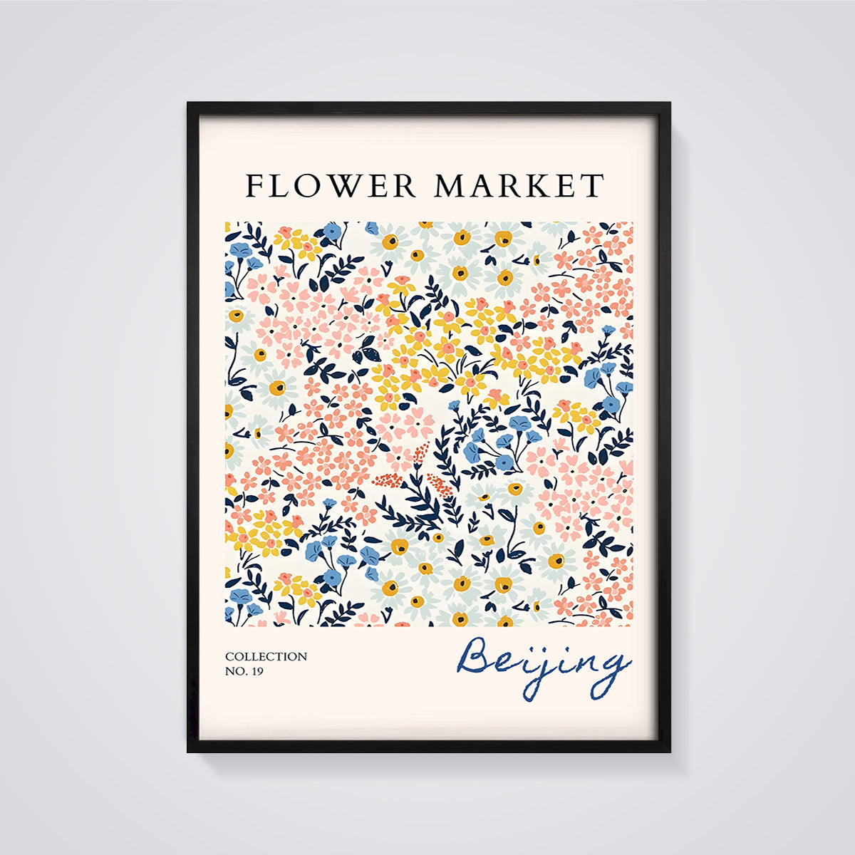 Flower Market Beijing Floral Print framed in black on a grey background