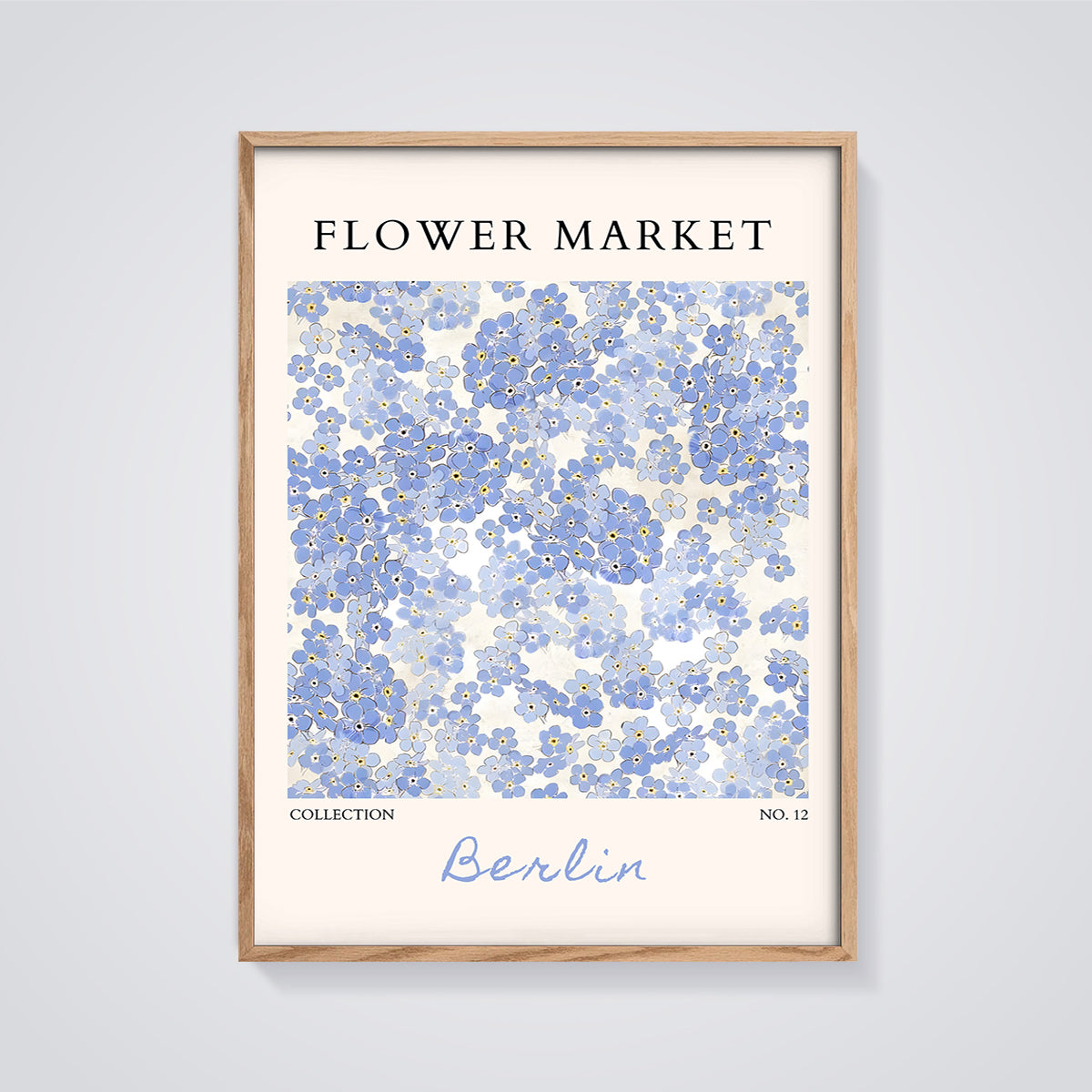 Flower Market Berlin Print framed in oak on a grey background