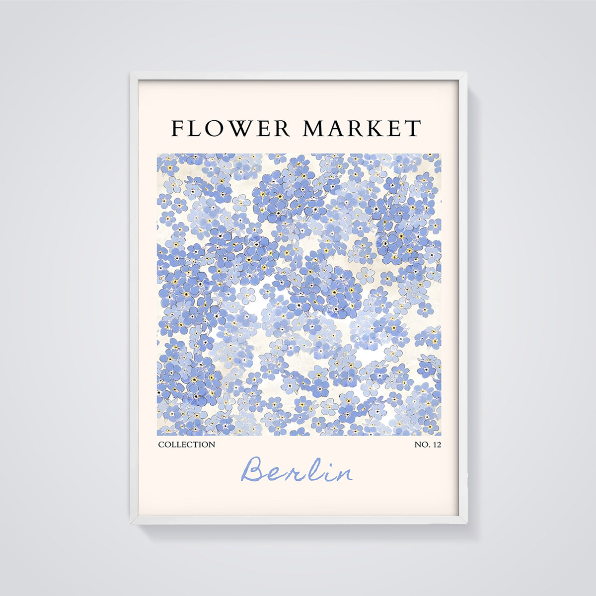 Flower Market Berlin Print framed in white on a grey background