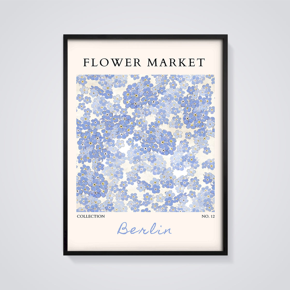 Flower Market Berlin Print framed in black on a grey background