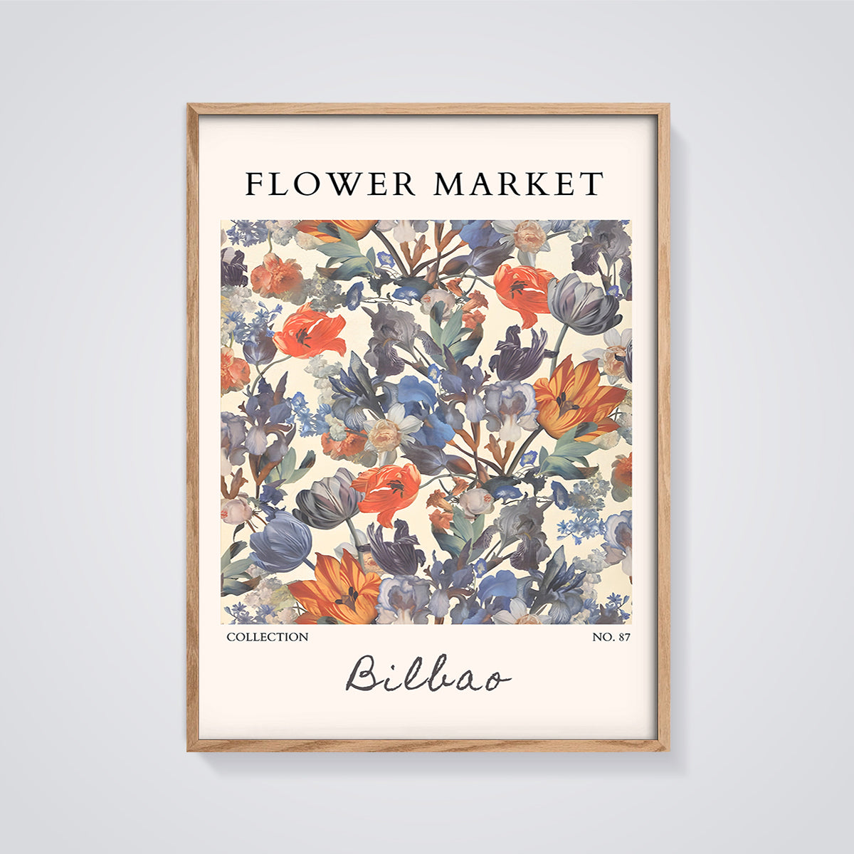 Flower Market Bilbao Floral Print framed in oak on a grey background