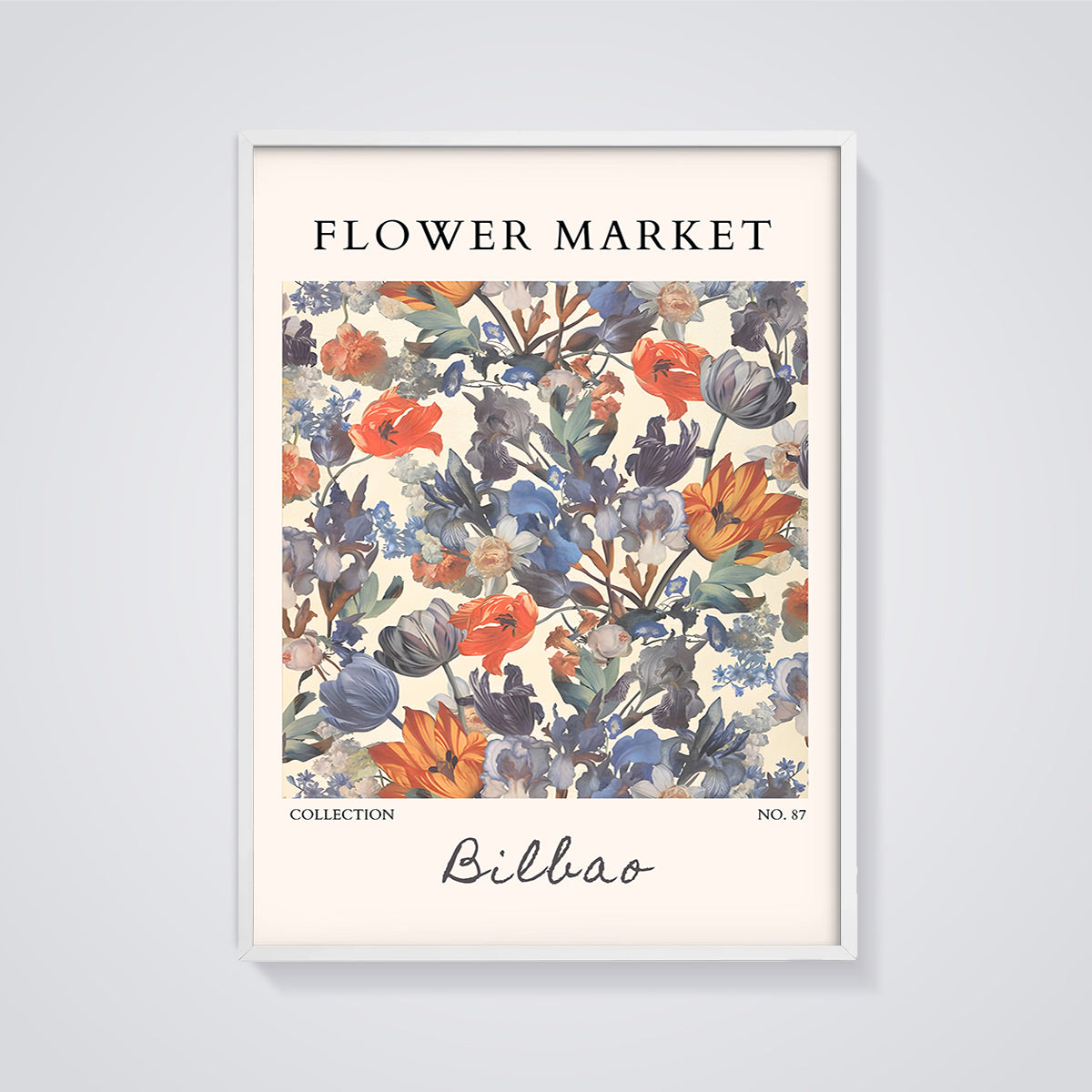 Flower Market Bilbao Floral Print framed in white on a grey background