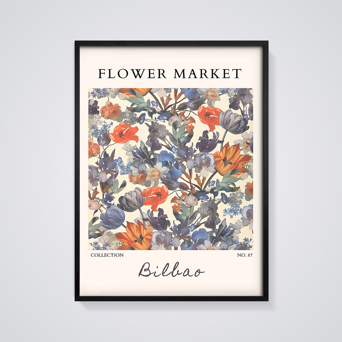 Flower Market Bilbao Floral Print framed in black on a grey background