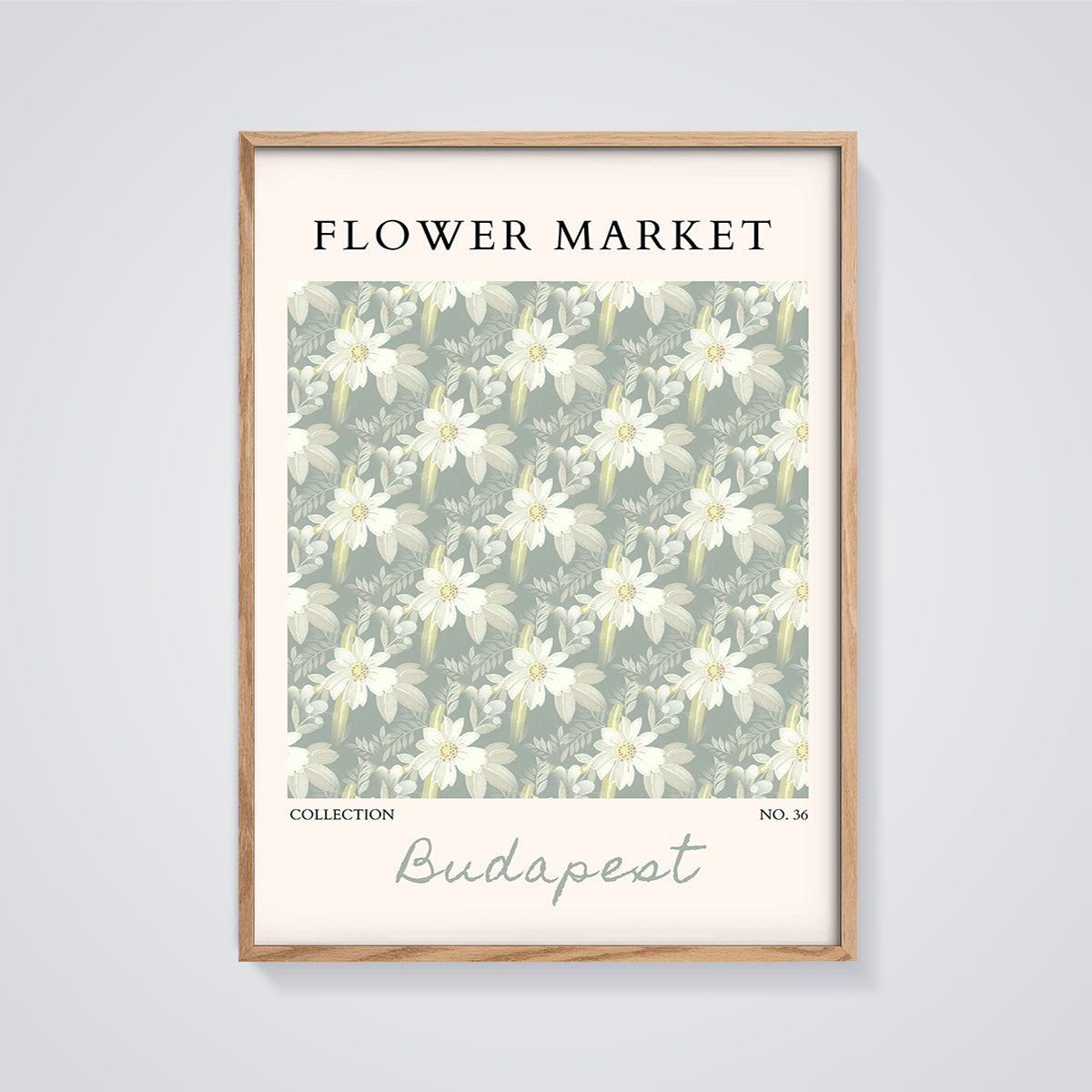 Flower Market Budapest Floral Print framed in oak on a grey background