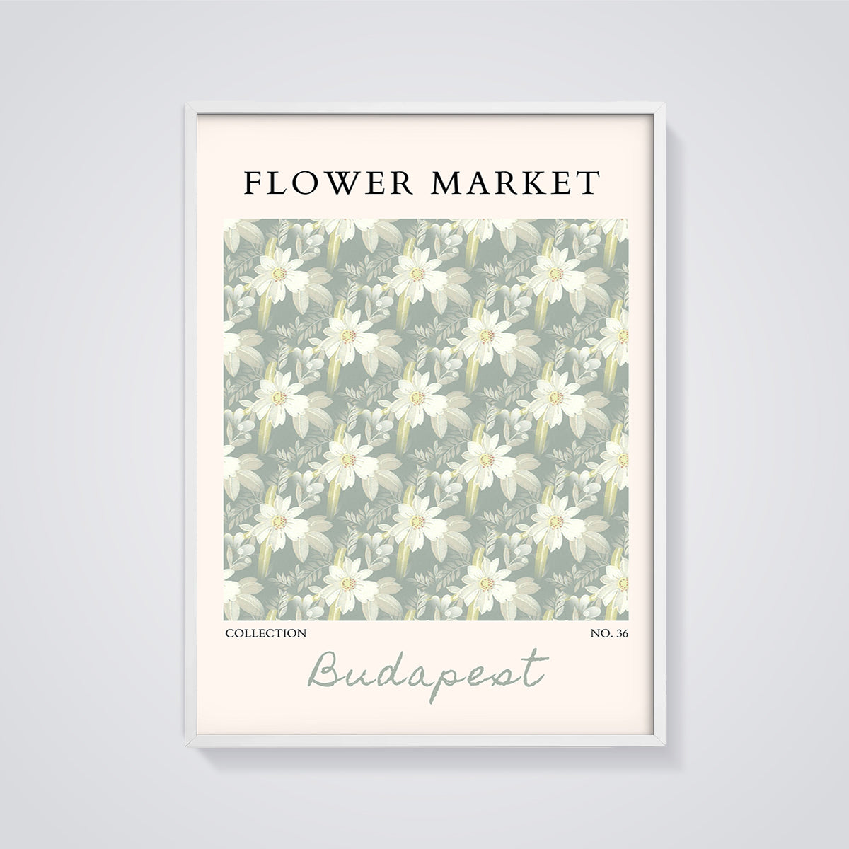 Flower Market Budapest Floral Print framed in white on a grey background