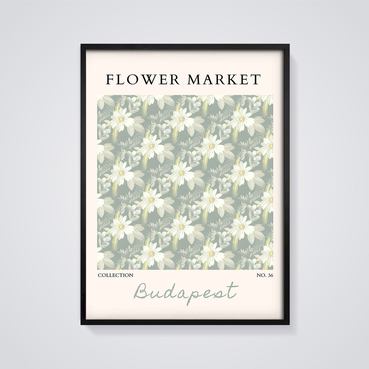 Flower Market Budapest Floral Print framed in black on a grey background