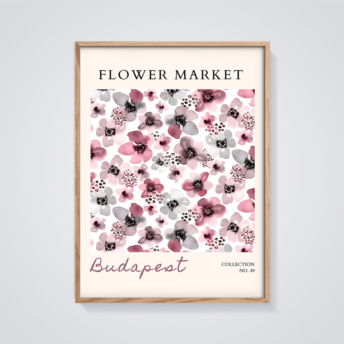 Flower Market Budapest Print framed in oak on a grey background