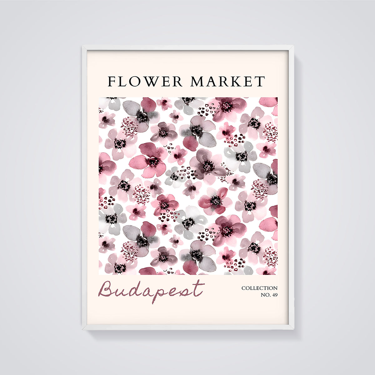 Flower Market Budapest Print framed in white on a grey background