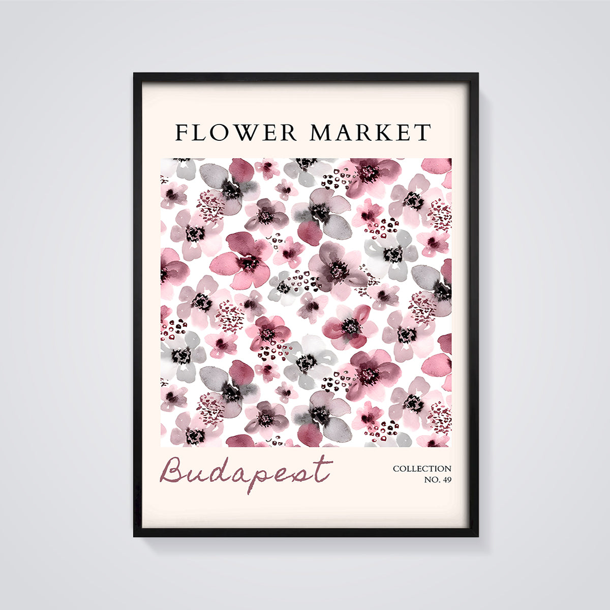 Flower Market Budapest Print framed in black on a grey background