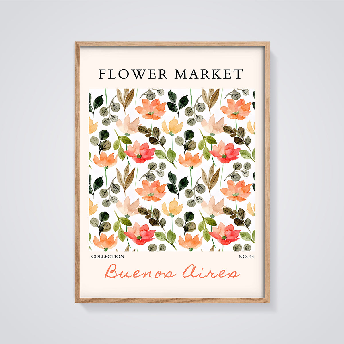 Flower Market Buenos Aires Print framed in oak on a grey background