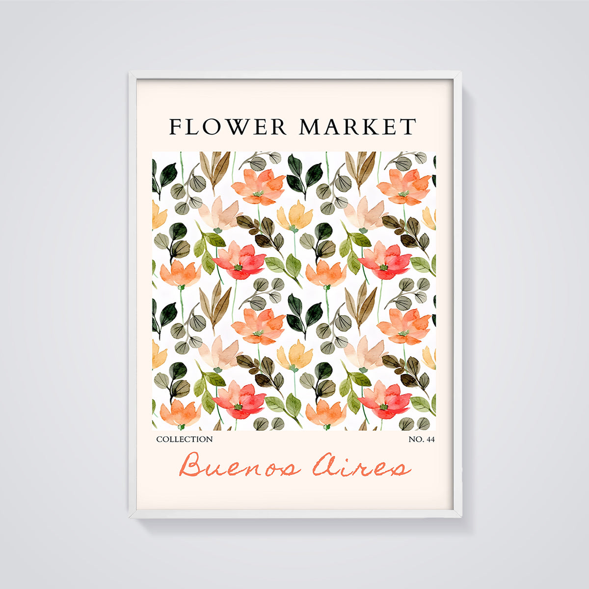 Flower Market Buenos Aires Print framed in white on a grey background