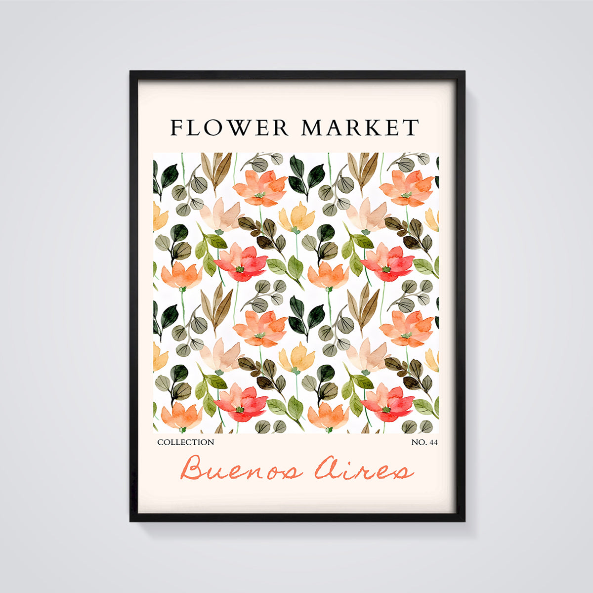 Flower Market Buenos Aires Print framed in black on a grey background
