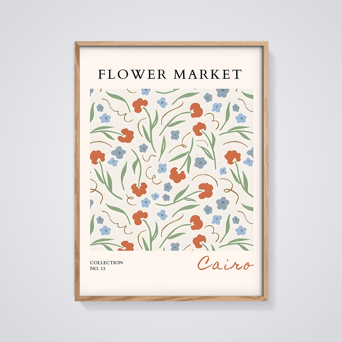 Flower Market Cairo Print framed in oak on a grey background