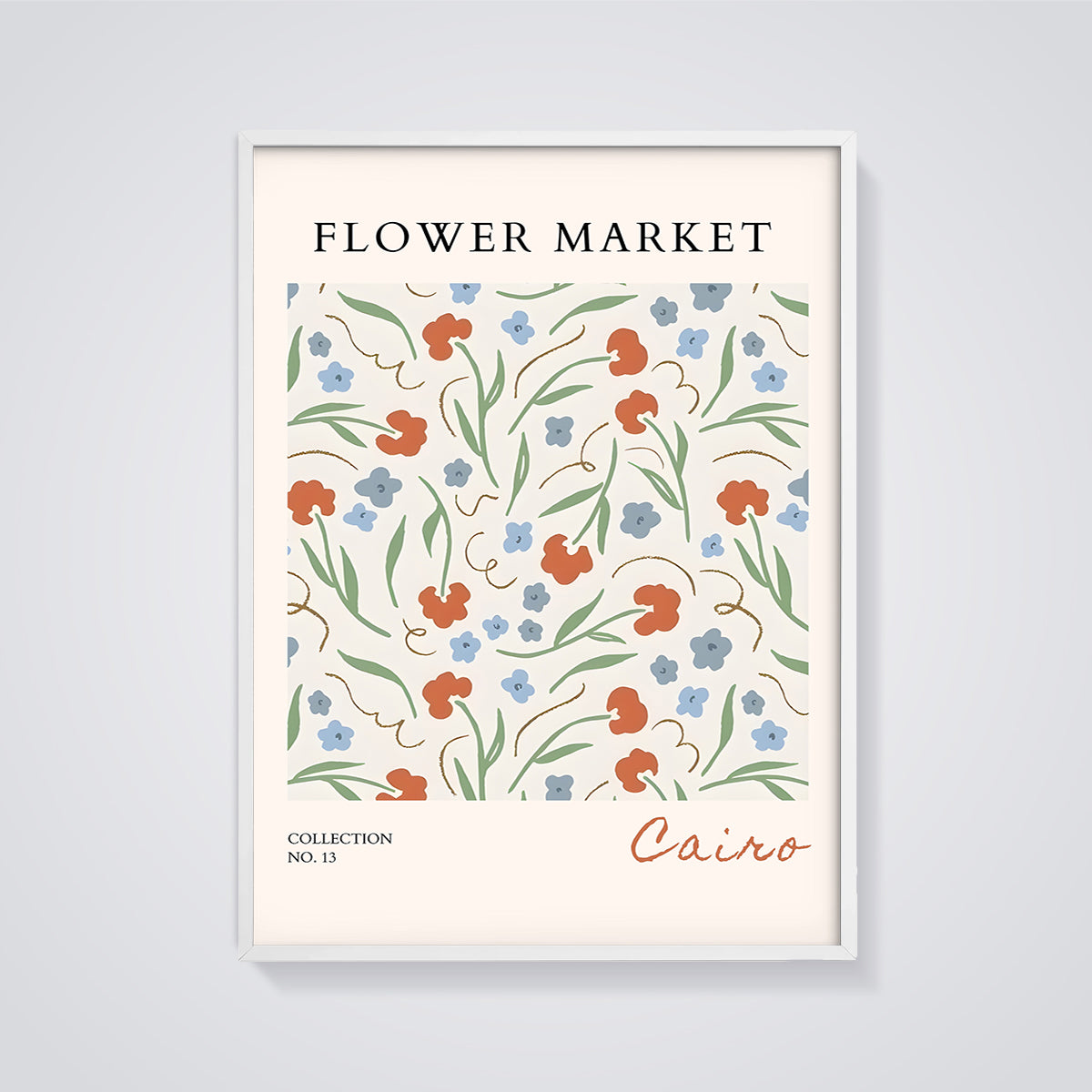 Flower Market Cairo Print framed in white on a grey background