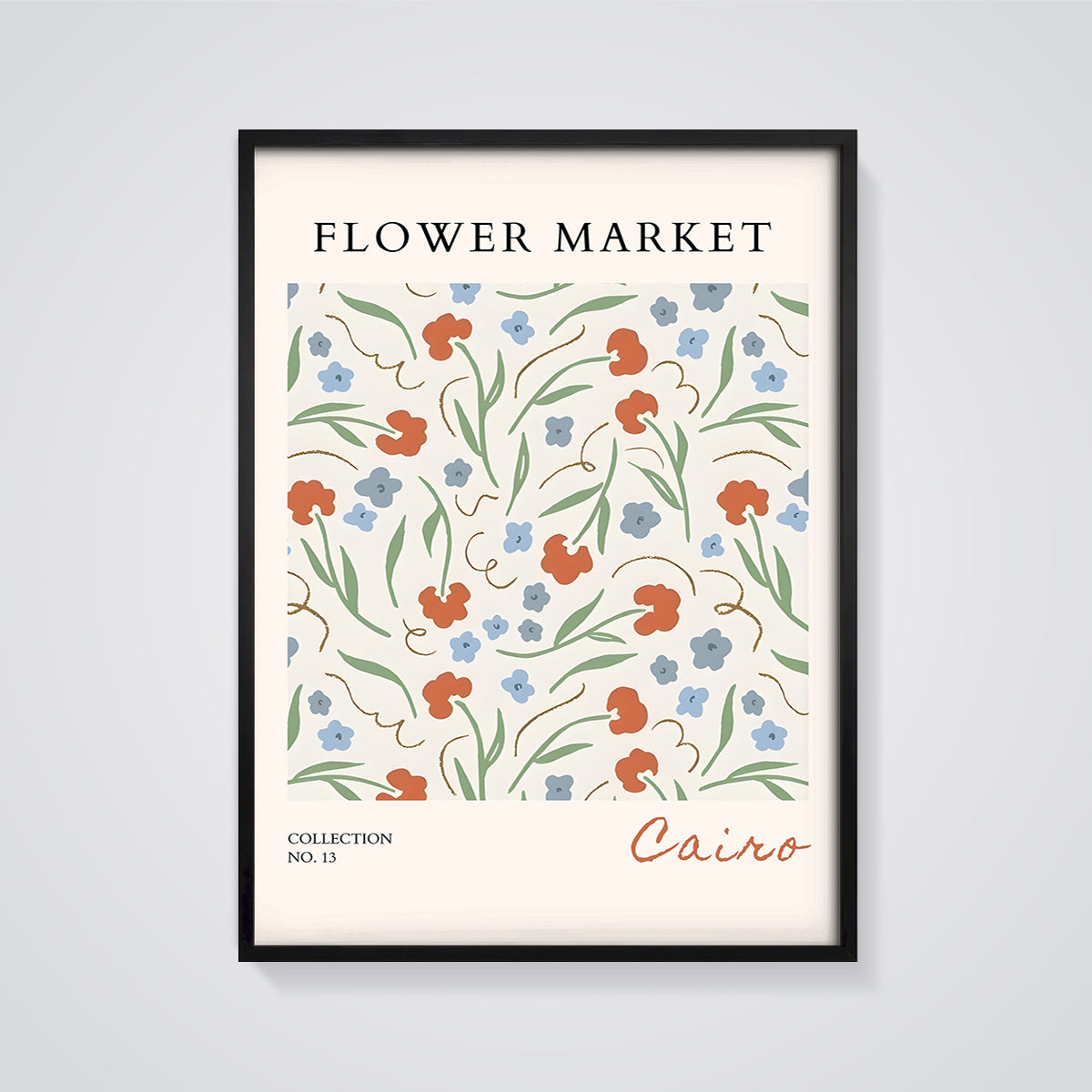 Flower Market Cairo Print framed in black on a grey background