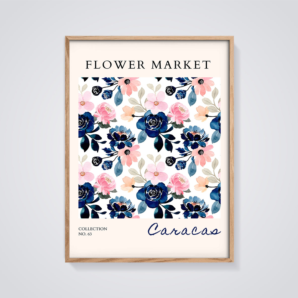Flower Market Caracas Floral Print framed in oak on a grey background