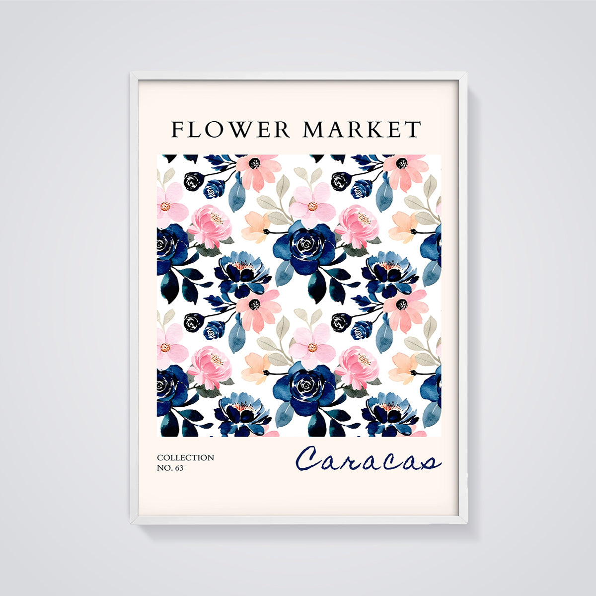 Flower Market Caracas Floral Print framed in white on a grey background