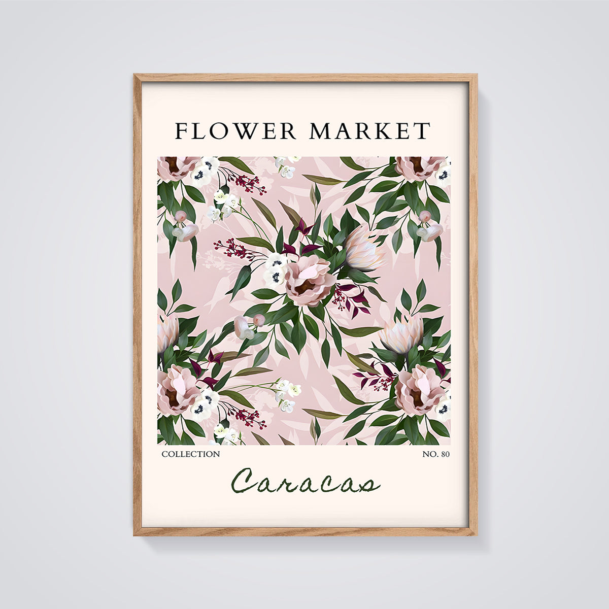 Flower Market Caracas Floral Print Aesthetic framed in oak on a grey background