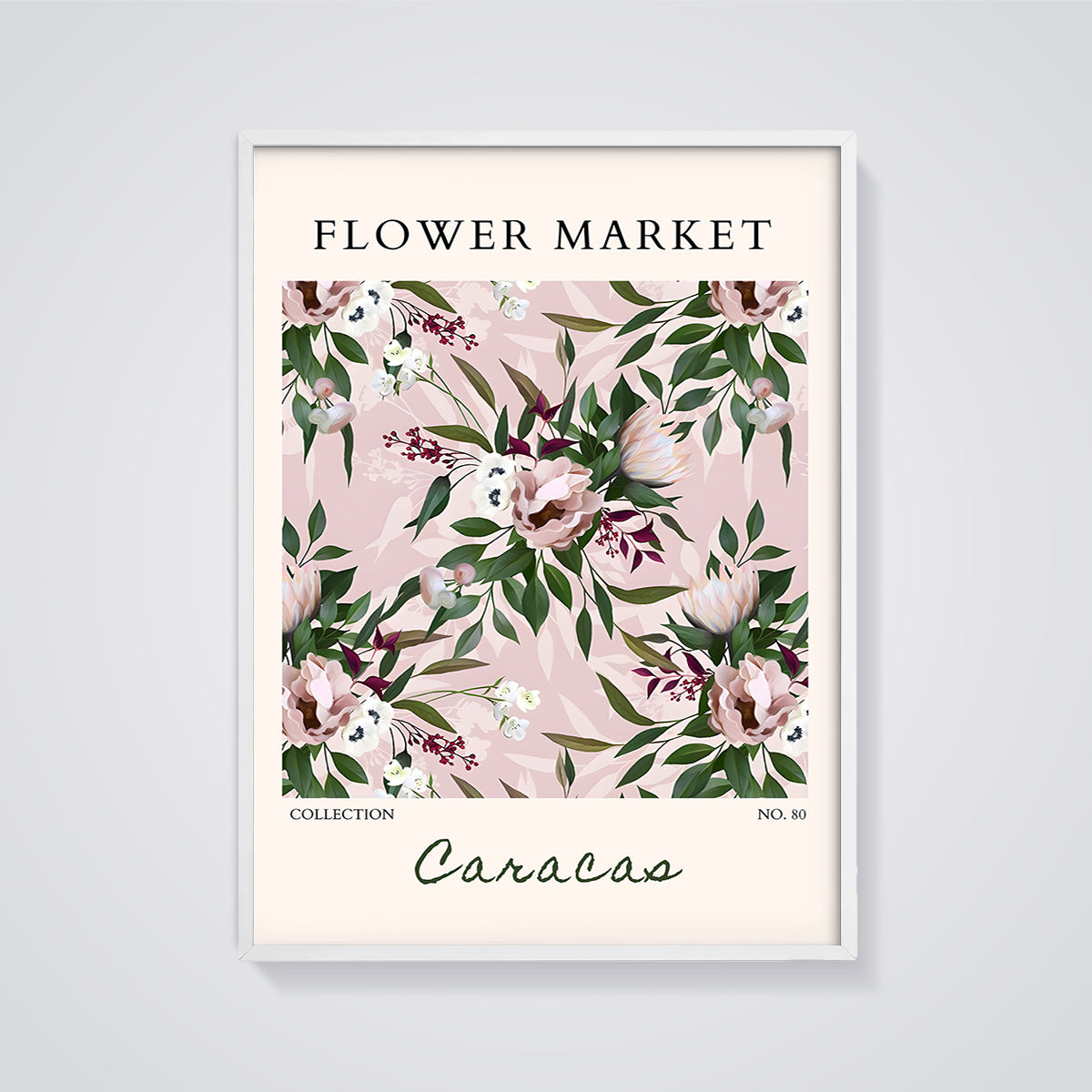 Flower Market Caracas Floral Print Aesthetic framed in white on a grey background