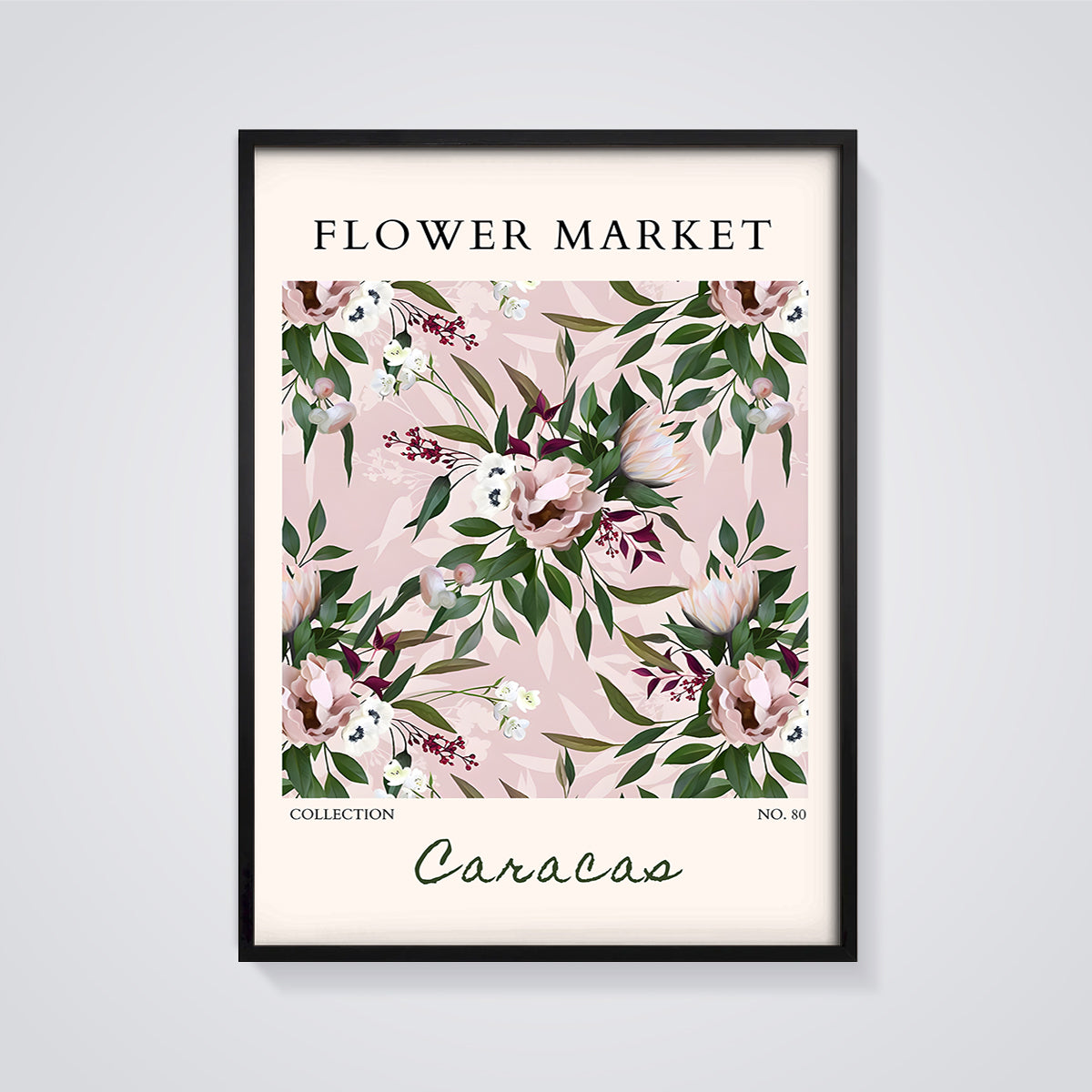 Flower Market Caracas Floral Print Aesthetic framed in black on a grey background