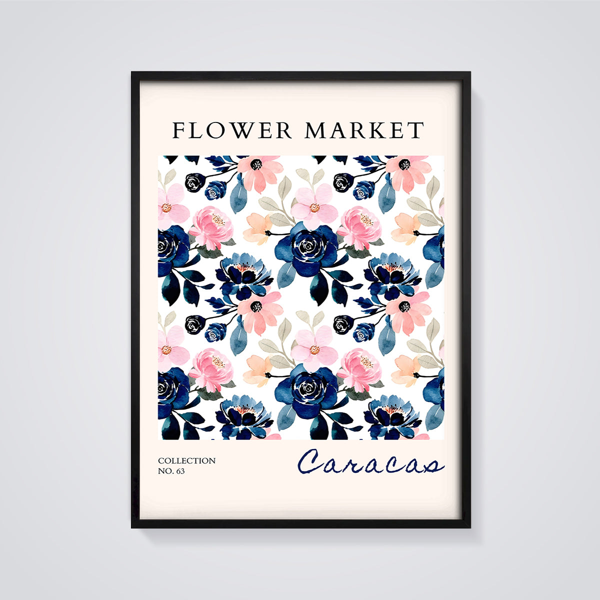 Flower Market Caracas Floral Print framed in black on a grey background