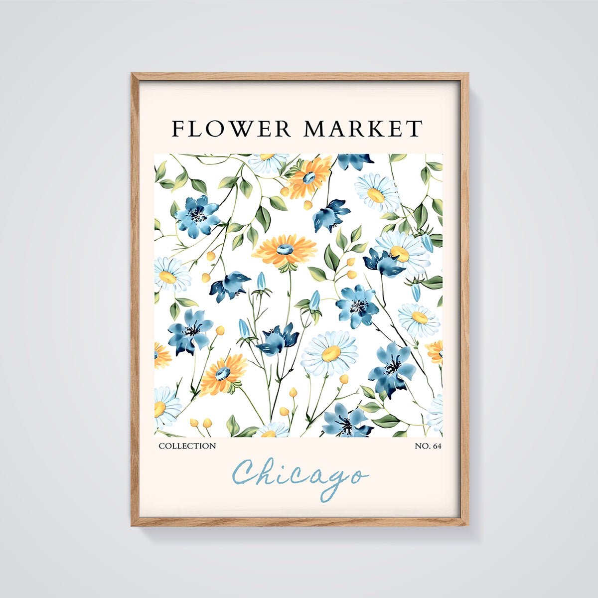 Flower Market Chicago Floral Print framed in oak on a grey background