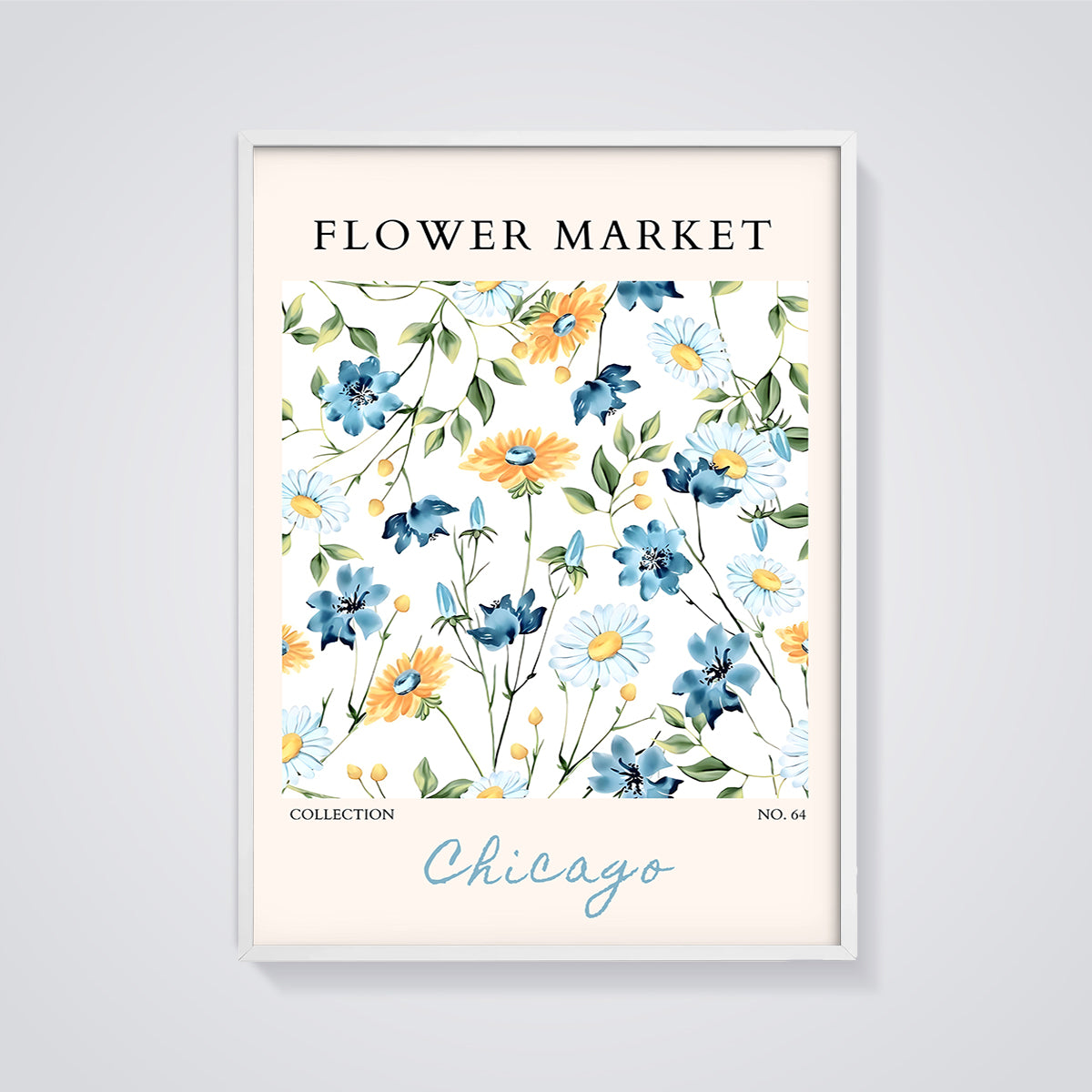 Flower Market Chicago Floral Print framed in white on a grey background