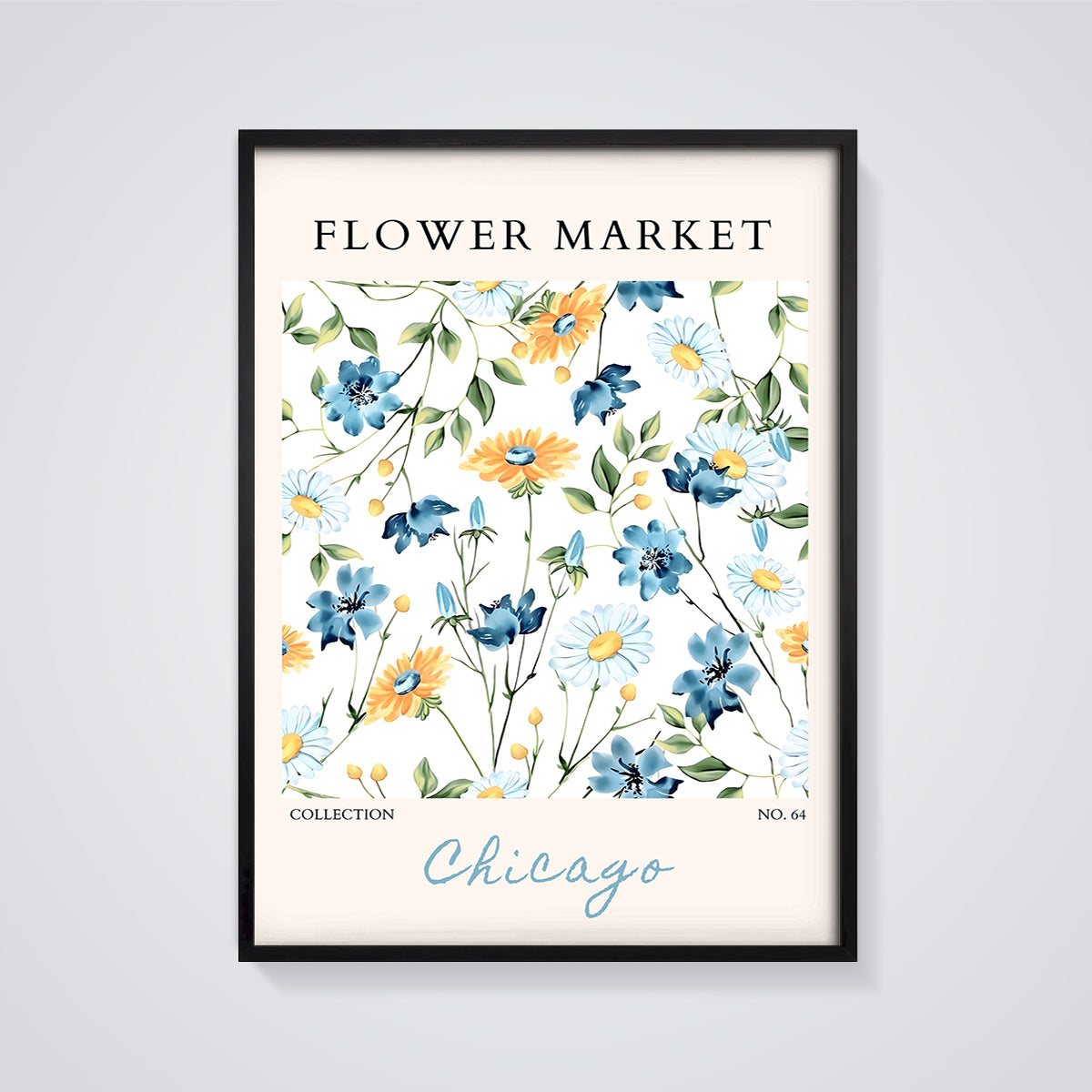 Flower Market Chicago Floral Print framed in black on a grey background