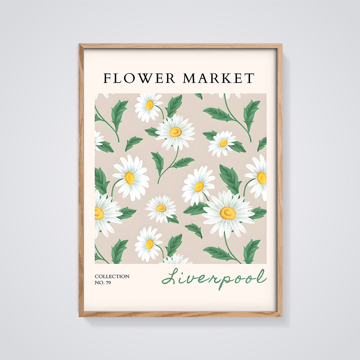 Flower Market Daisies Liverpool Print framed in oak on a grey background