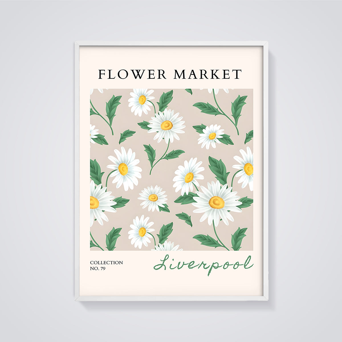 Flower Market Daisies Liverpool Print framed in white on a grey background