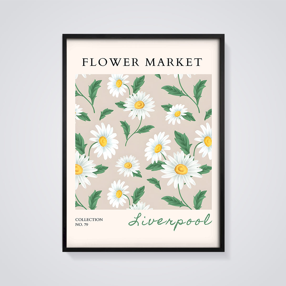 Flower Market Daisies Liverpool Print framed in black on a grey background