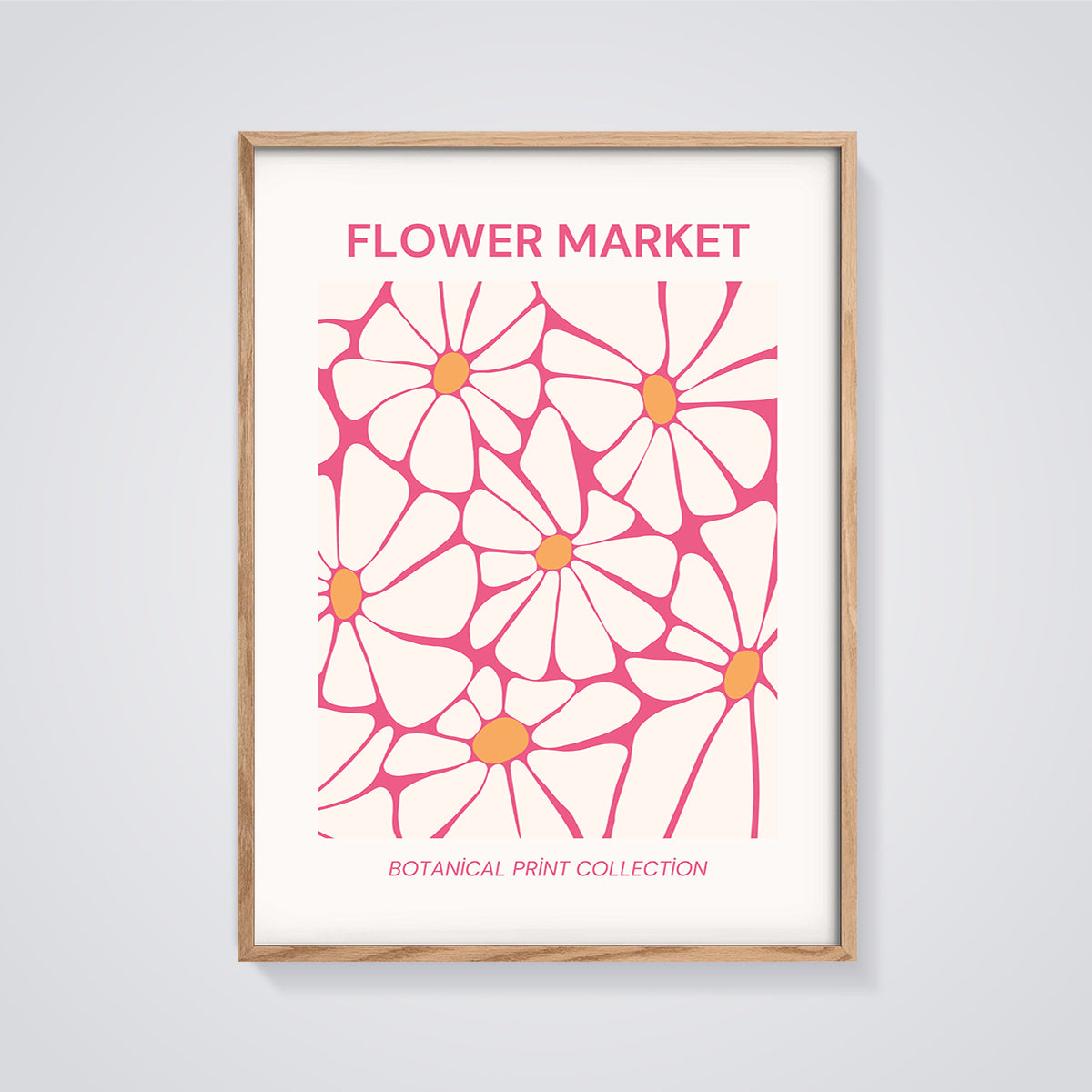 Flower Market Daisies Print framed in oak on a grey background