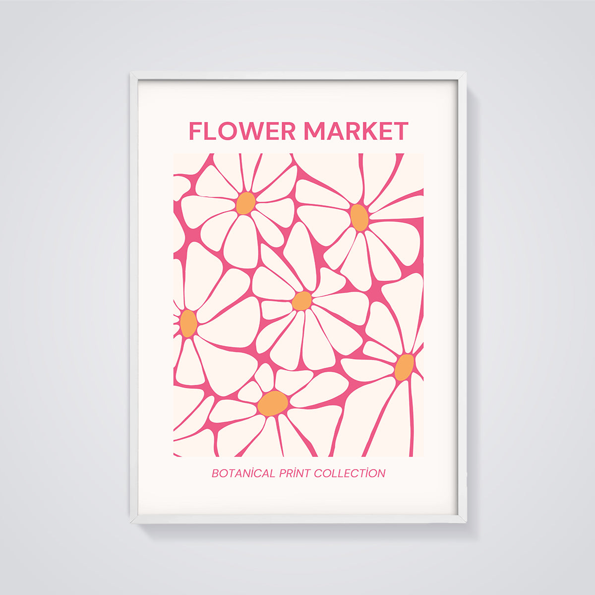 Flower Market Daisies Print framed in white on a grey background