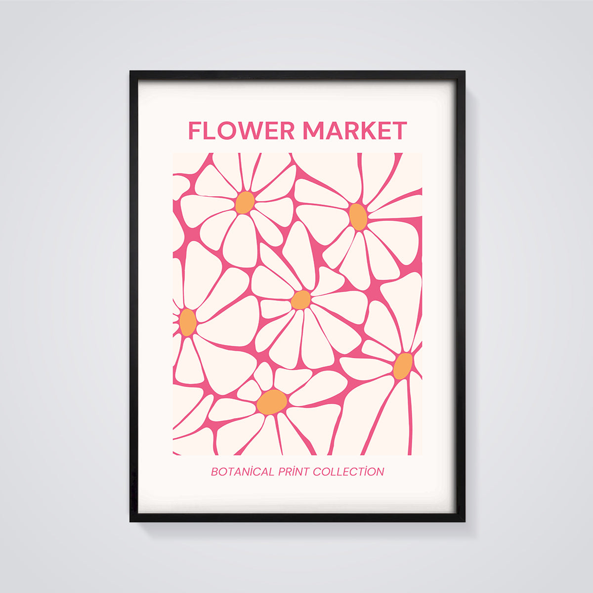 Flower Market Daisies Print framed in black on a grey background