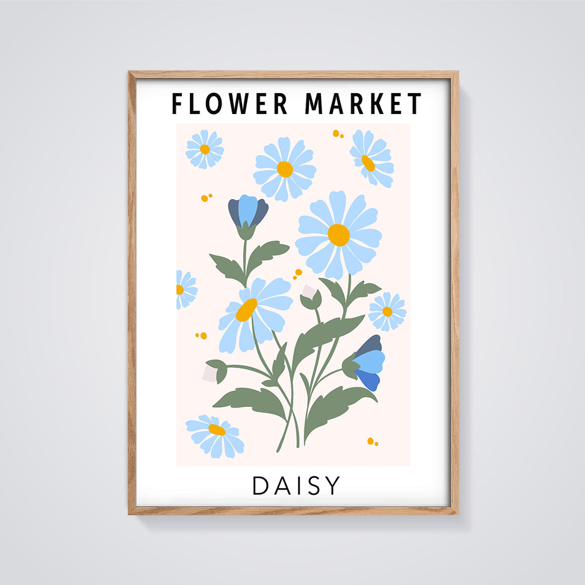 Flower Market Daisy Print framed in oak on a grey background