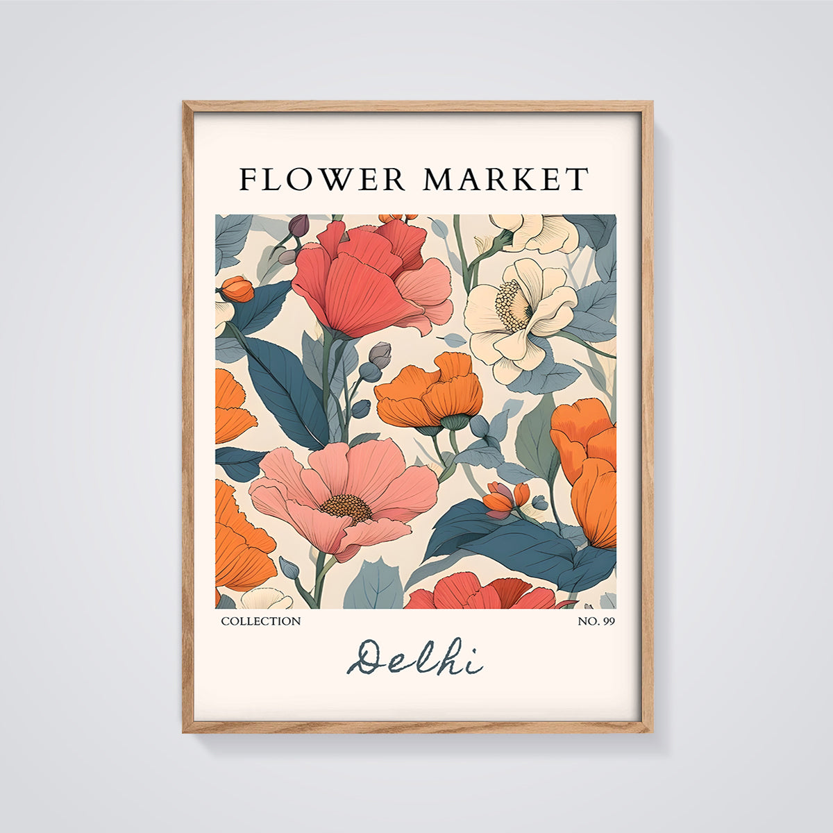 Flower Market Delhi Print framed in oak on a grey background
