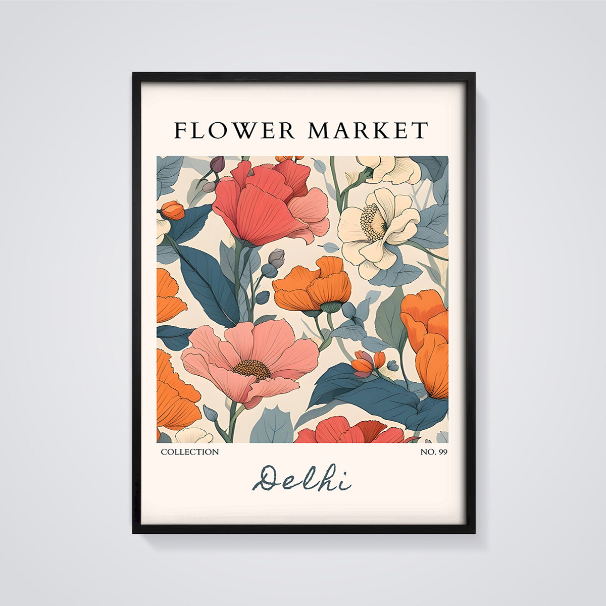 Flower Market Delhi Print framed in black on a grey background