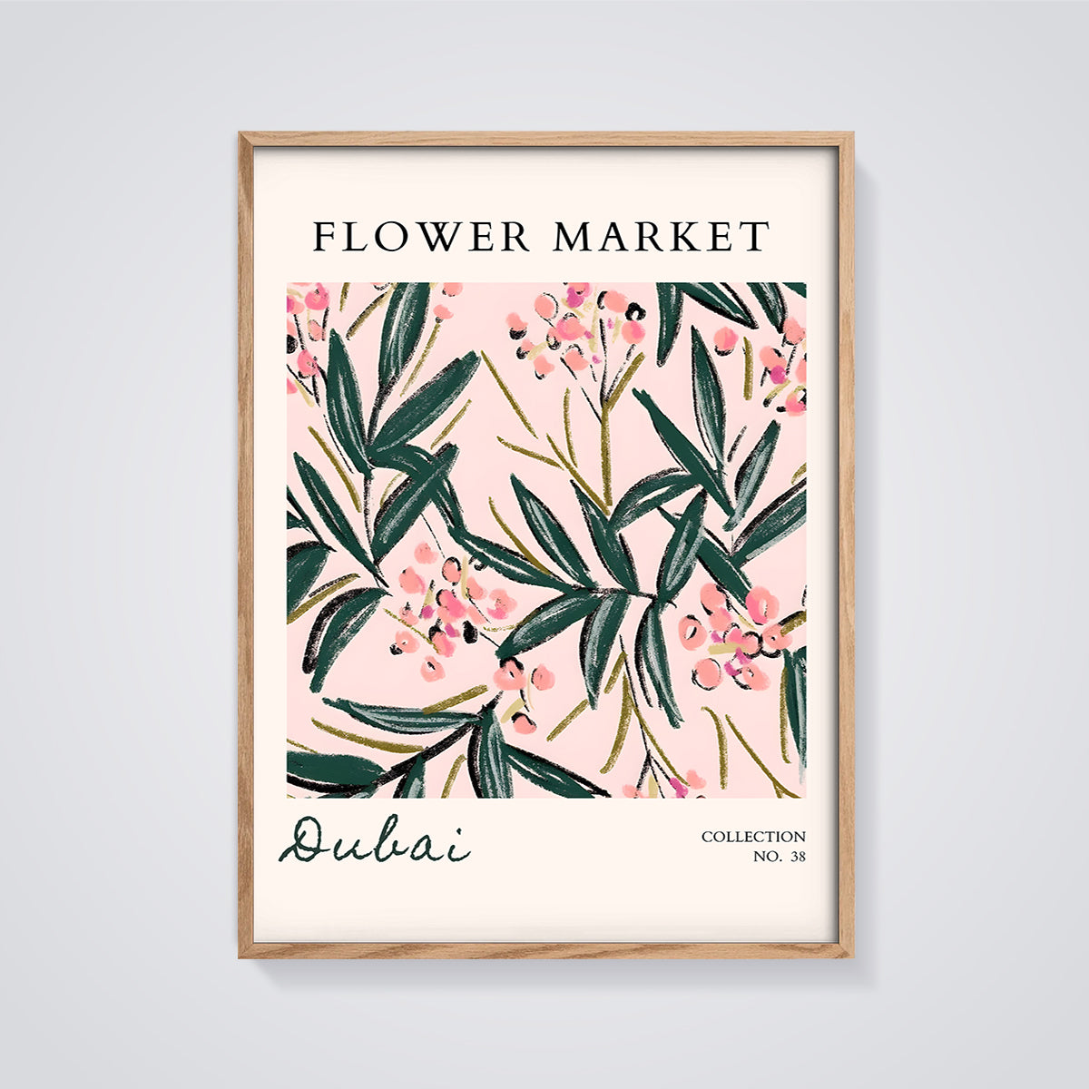 Flower Market Dubai Abstract Print framed in oak on a grey background