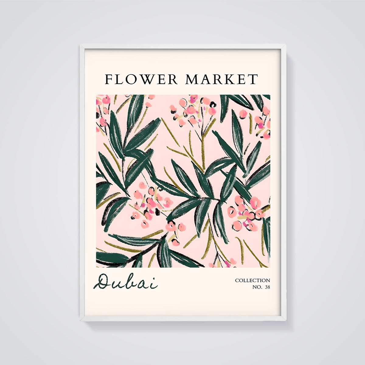 Flower Market Dubai Abstract Print framed in white on a grey background
