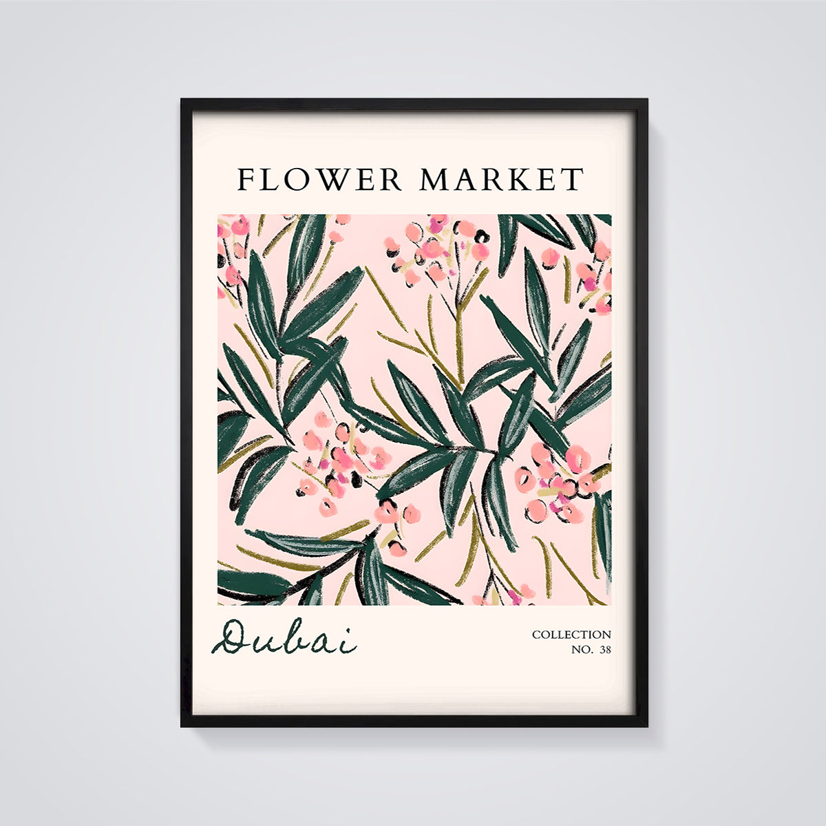 Flower Market Dubai Abstract Print framed in black on a grey background