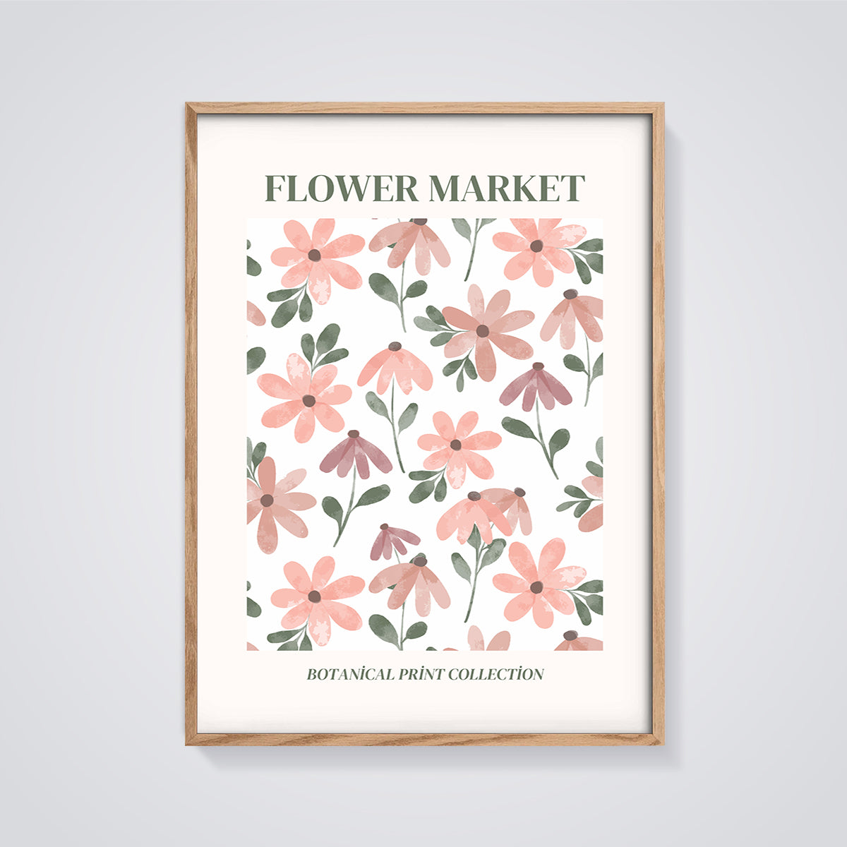 Flower Market Floral Pattern Print framed in oak on a grey background
