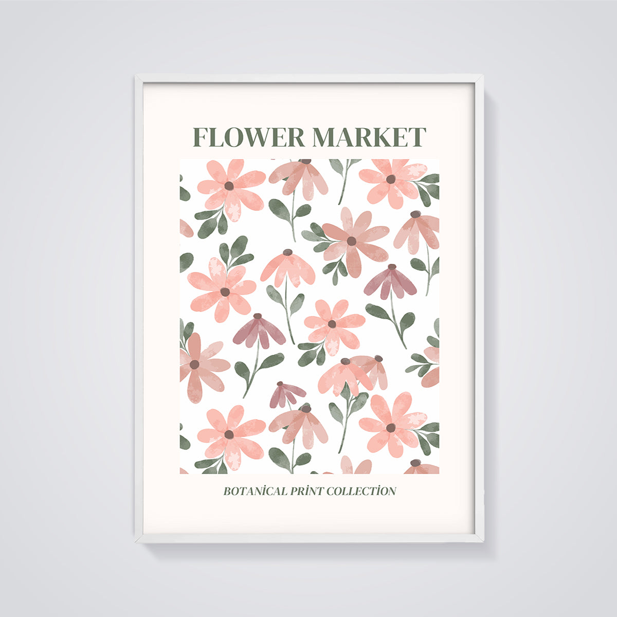 Flower Market Floral Pattern Print framed in white on a grey background