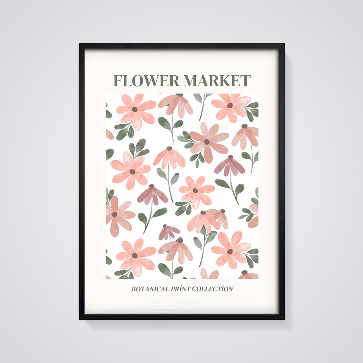 Flower Market Floral Pattern Print framed in black on a grey background