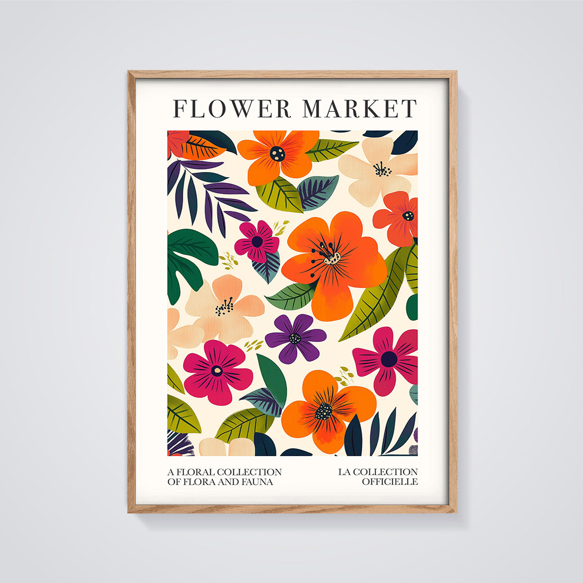 Flower Market Floral Print framed in oak on a grey background